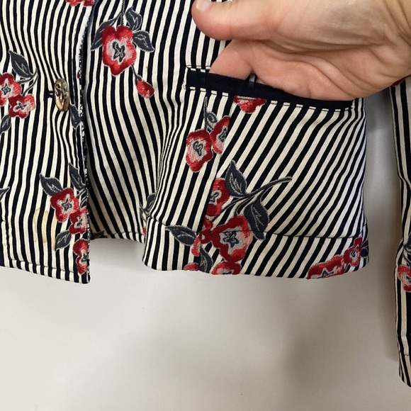 Save the Queen Blazer Womens Large Black White Red Floral Stripe Sheer Stretch - Picture 9 of 15